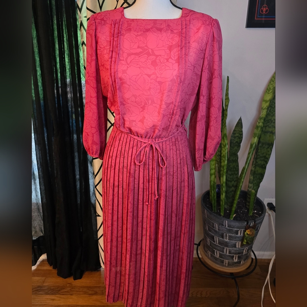 Vintage 80's JT Dress, Rose Pink with translucent flowers, Dress (Size 12)